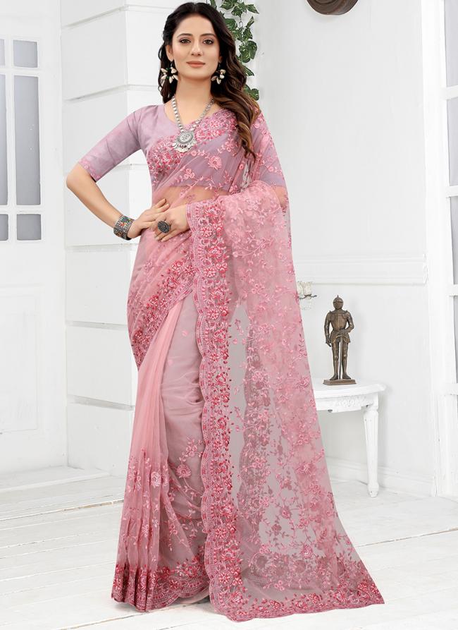 Pink Net Wedding Wear Embroidery Work Saree