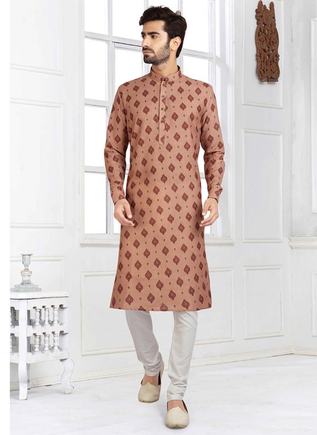 Beige Cotton Traditional Wear Printed Work Kurta Pajama