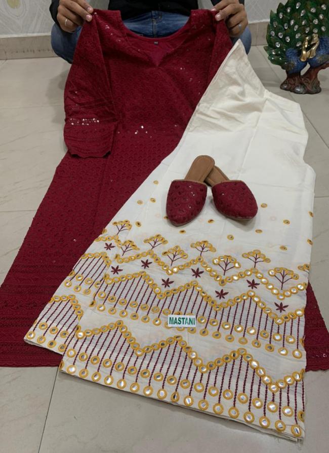 Fancy Maroon Pure Cambric Cotton Festival Wear Sequins Work Kurti With Palazzo