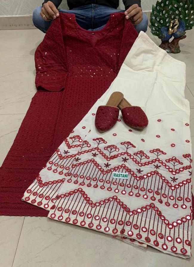 Maroon Pure Cambric Cotton Festival Wear Sequins Work Kurti With Palazzo