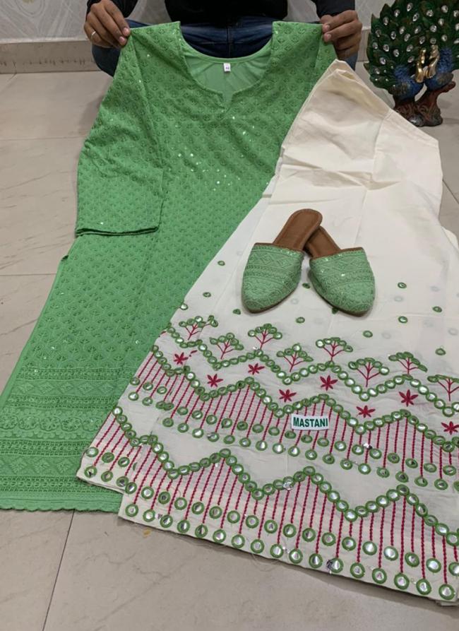 Pista Green Pure Cambric Cotton Festival Wear Sequins Work Kurti With Palazzo