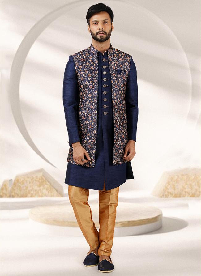 Blue Art Banarasi Silk Traditional Wear Printed Work 3 pcs indo western