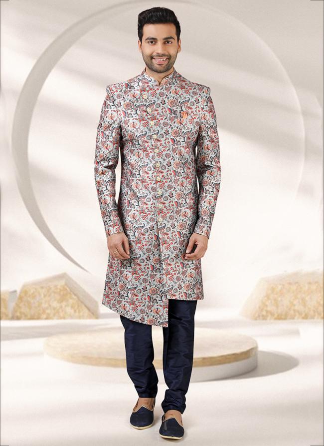 Blue Art Banarasi Silk Traditional Wear Printed Work Sherwani