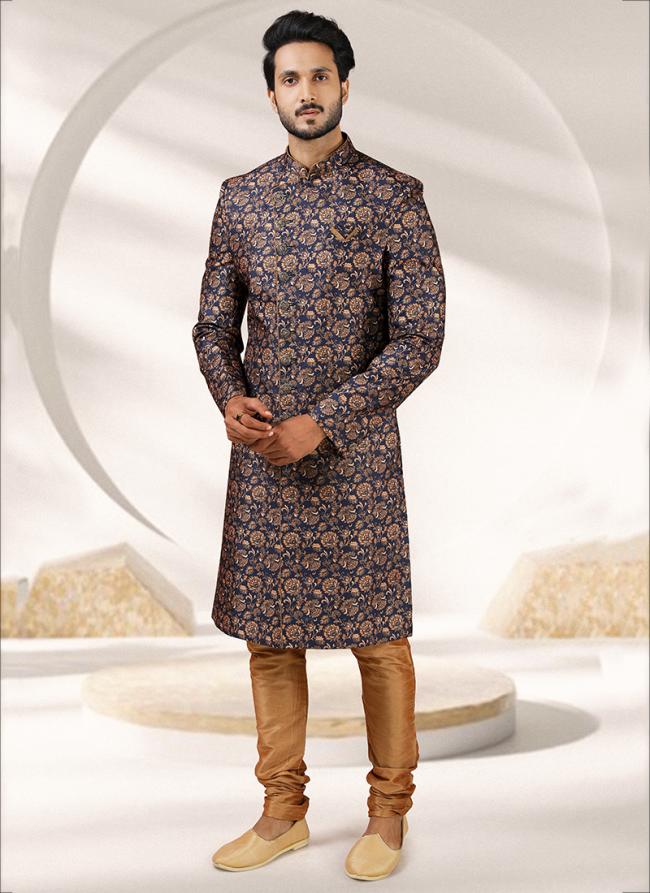 Blue chikoo mix Art Banarasi Silk Traditional Wear Printed Work Sherwani