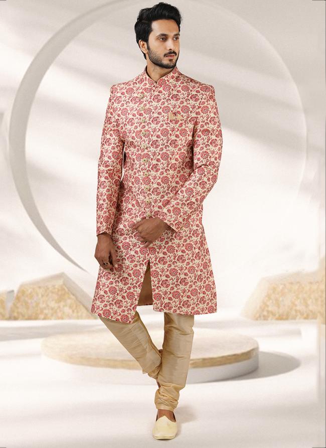 Cream Art Banarasi Silk Traditional Wear Printed Work Sherwani