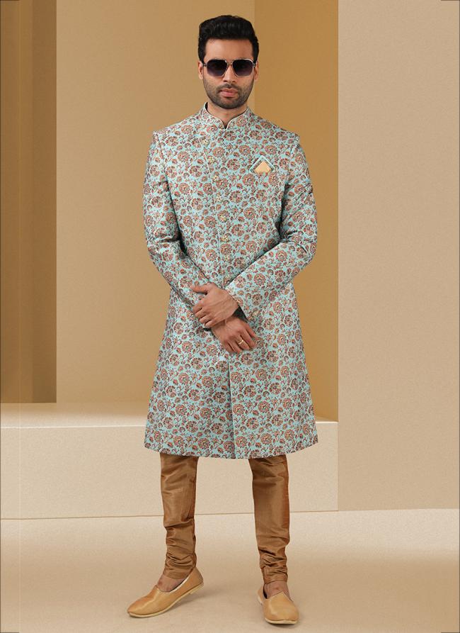 Pista green Art Banarasi Silk Traditional Wear Printed Work Sherwani