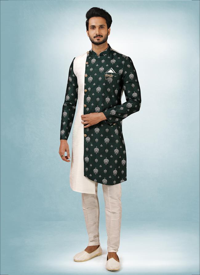 Cream-green Art Silk Festival Wear Printed Work Indo Western