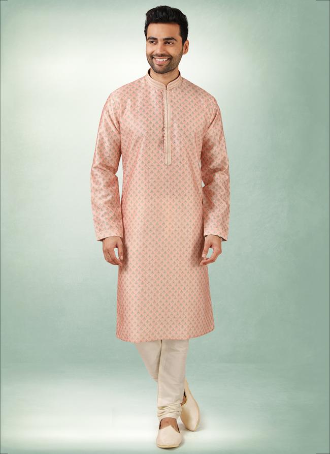 Peach Art Silk Traditional Wear Printed Work Kurta Pajama