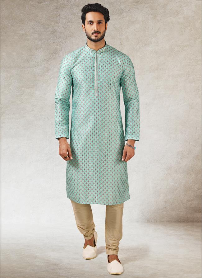 Pista green Art Silk Traditional Wear Printed Work Kurta Pajama