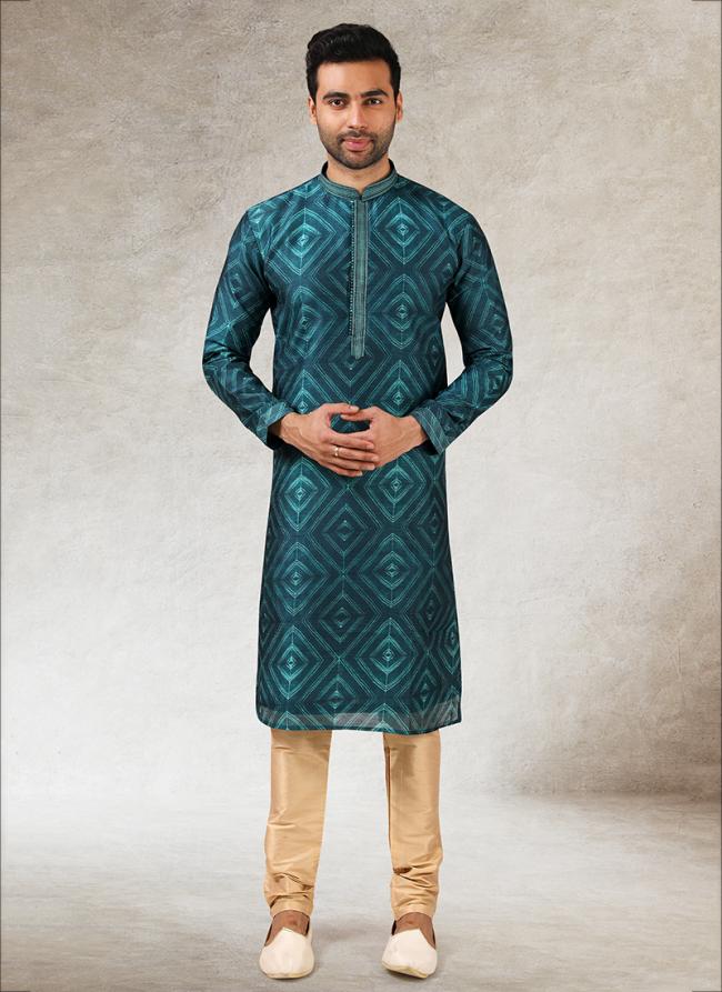 Teal green Art Silk Traditional Wear Printed Work Kurta Pajama