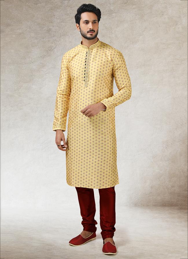 Yellow Art Silk Traditional Wear Printed Work Kurta Pajama