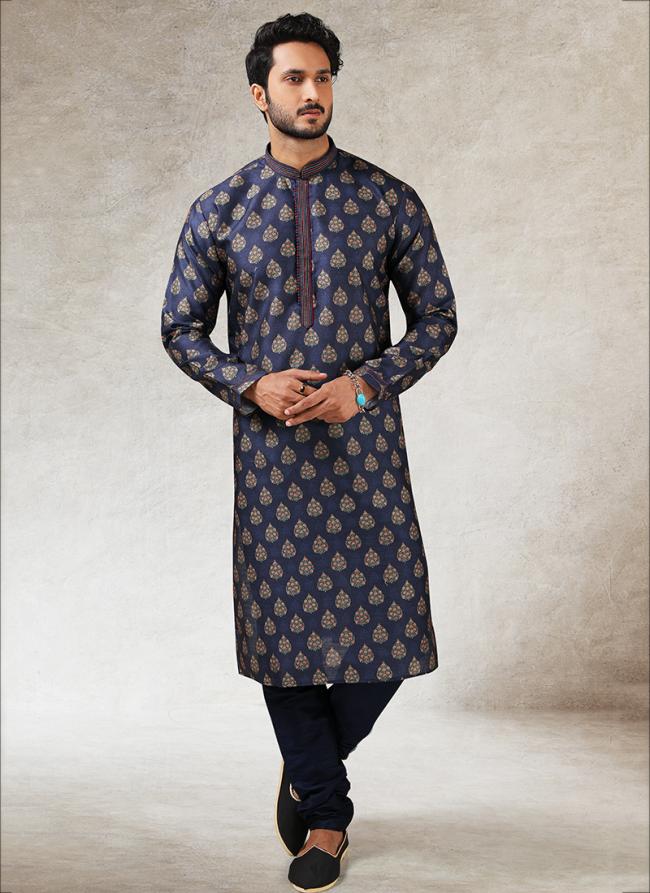 Blue Art Silk Traditional Wear Printed Work Kurta Pajama