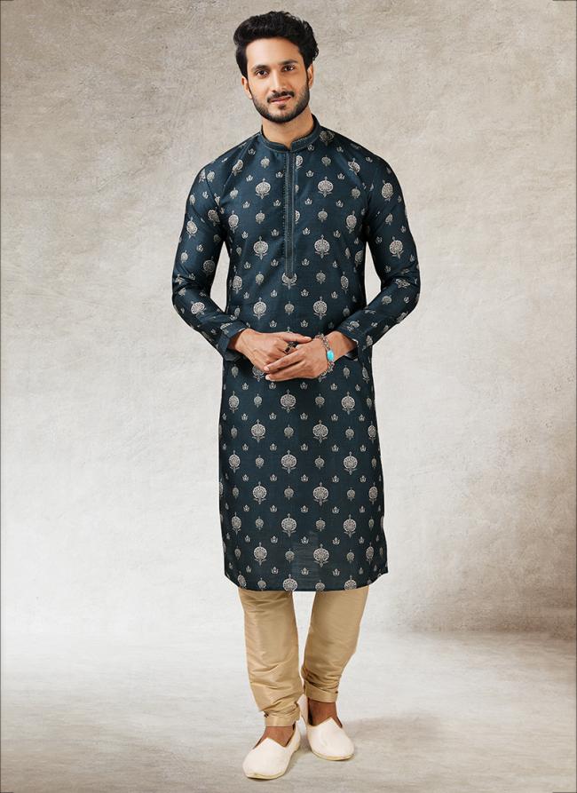 Blue Art Silk Traditional Wear Printed Work Kurta Pajama