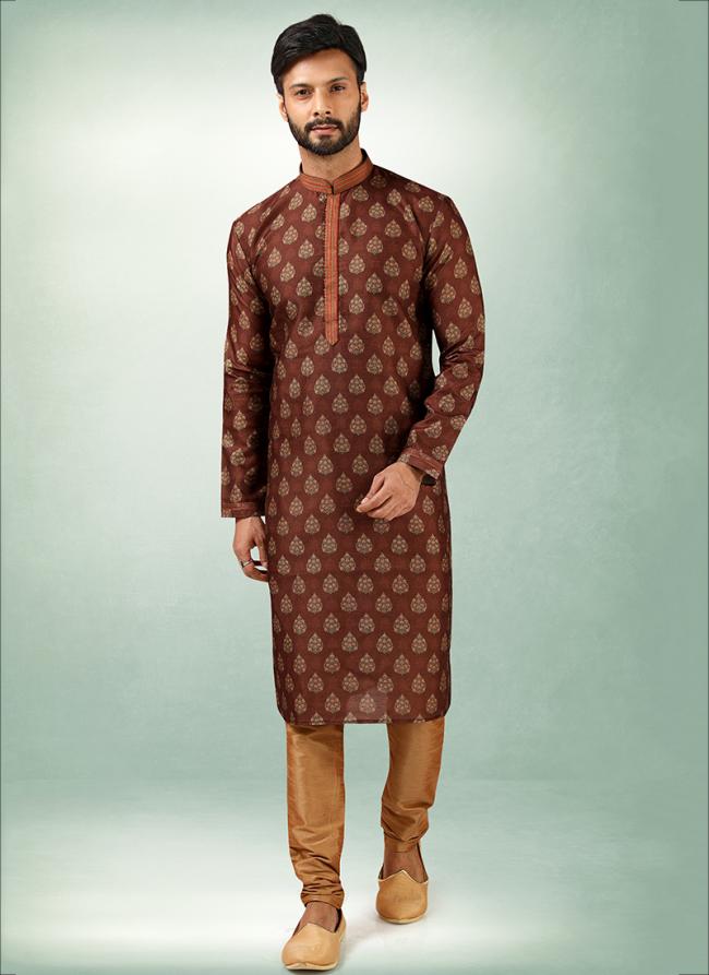 Brown Art Silk Traditional Wear Printed Work Kurta Pajama