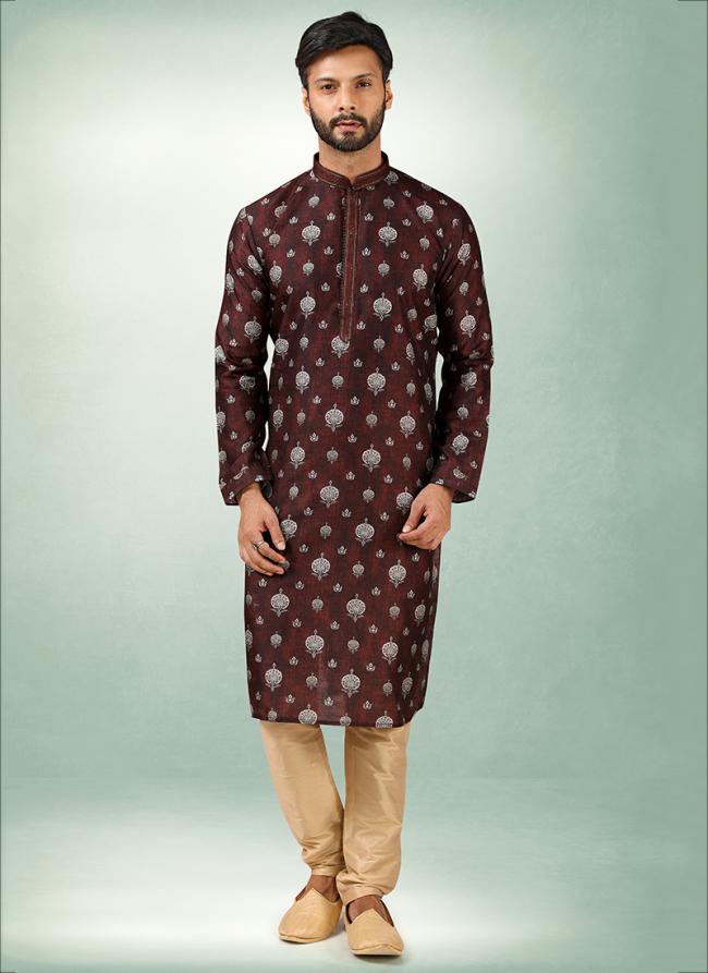 Brown Art Silk Traditional Wear Printed Work Kurta Pajama