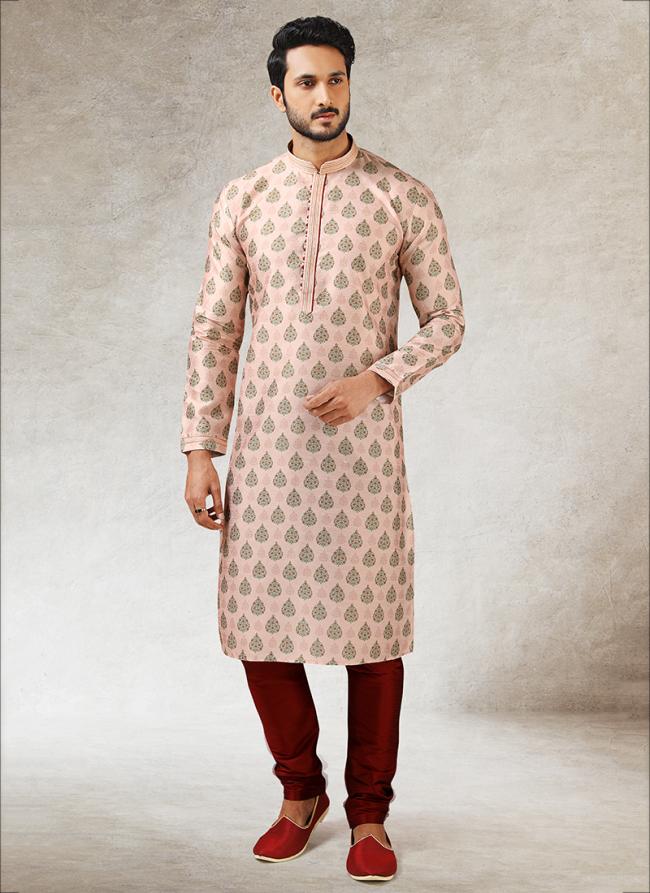 Peach Art Silk Traditional Wear Printed Work Kurta Pajama