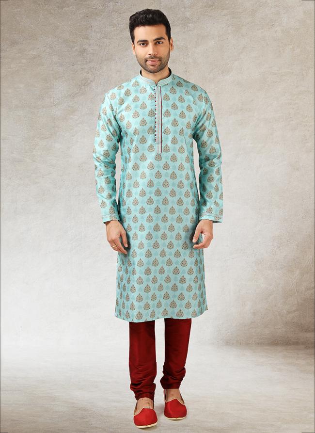 Pista green Art Silk Traditional Wear Printed Work Kurta Pajama