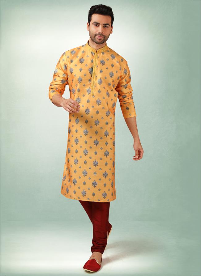 Yellow Art Silk Traditional Wear Printed Work Kurta Pajama