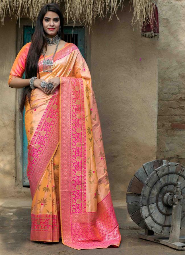 Light Orange Banarasi Silk Traditional Wear Weaving Saree