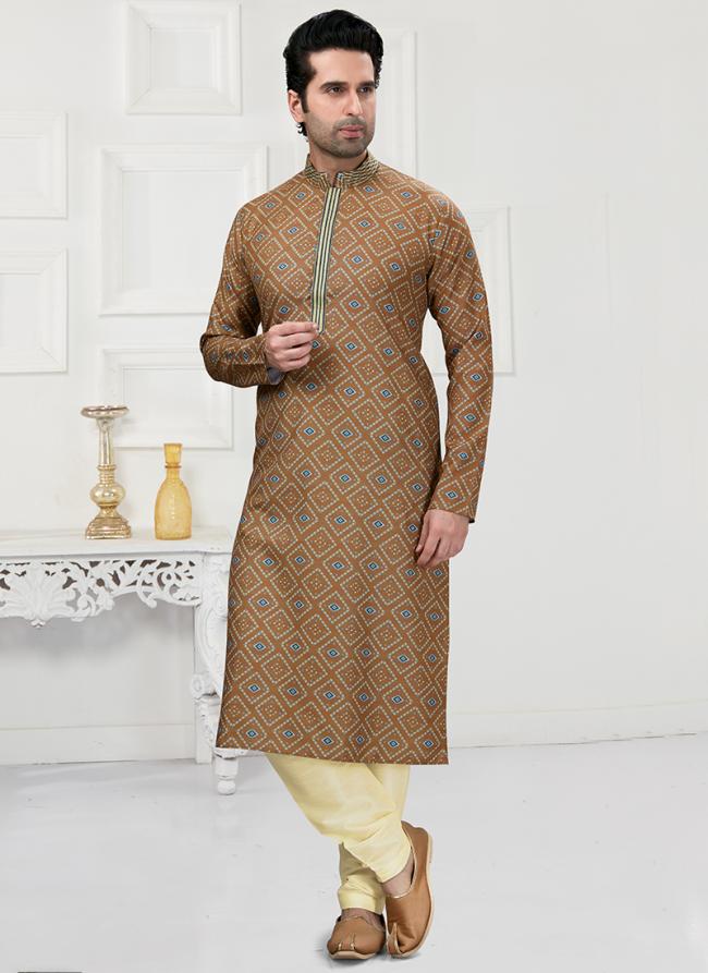 Light Brown Traditional Wear Printed Work  Cotton Kurta Pajama