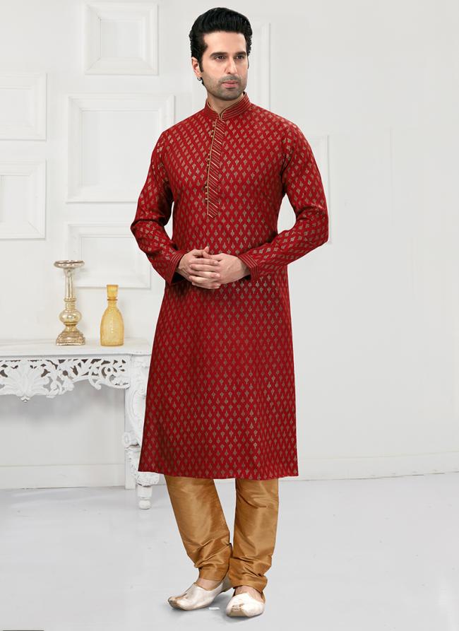 Maroon Traditional Wear Printed Work  Cotton Kurta Pajama