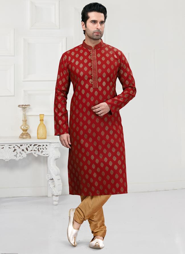 Maroon Traditional Wear Printed Work  Cotton Kurta Pajama