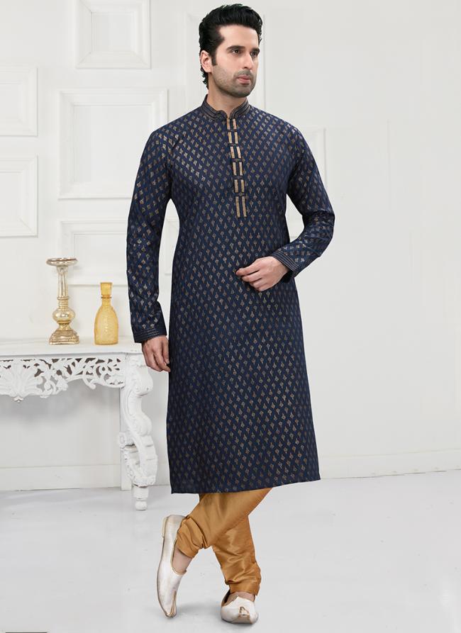 Navy Blue Traditional Wear Printed Work  Cotton Kurta Pajama