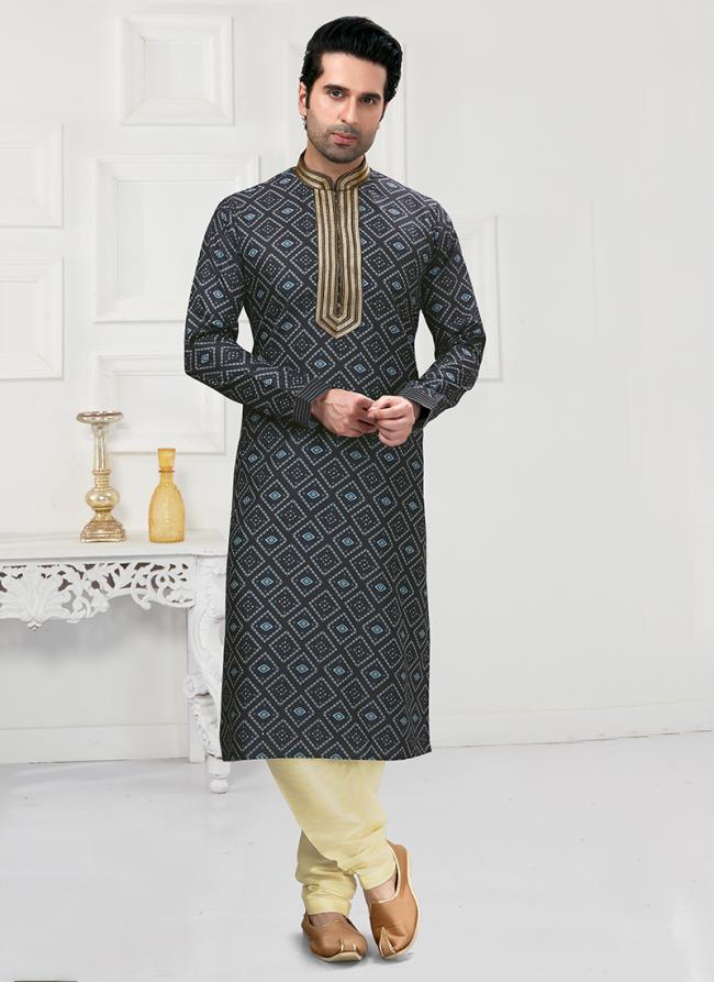 Navy Blue Traditional Wear Printed Work  Cotton Kurta Pajama