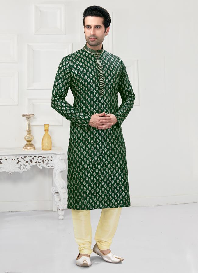 Green Traditional Wear Printed Work  Cotton Kurta Pajama