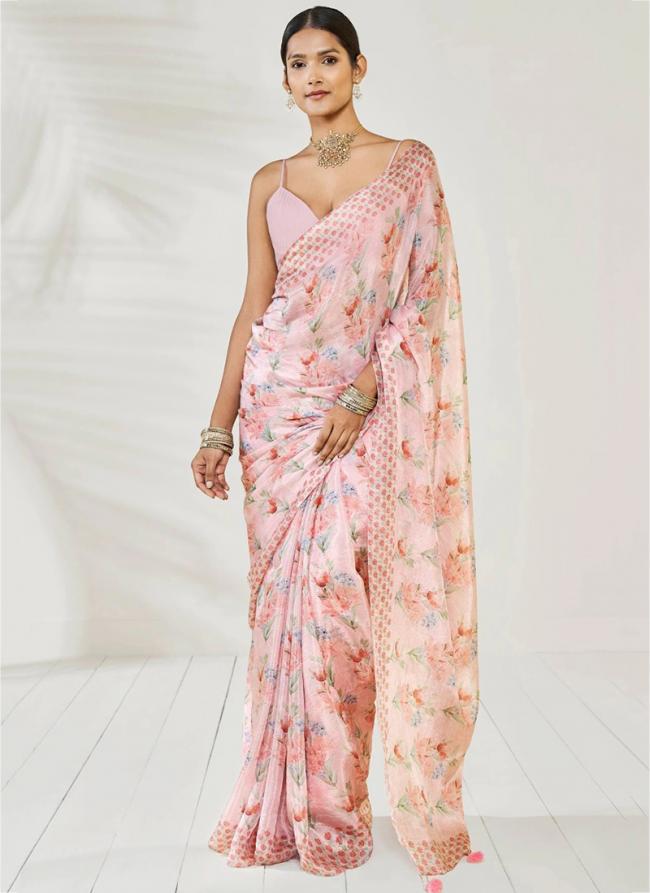 Light Pink Chinnon Party Wear Digital Printed Saree