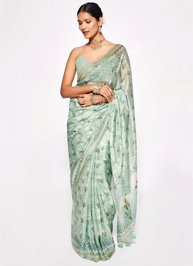 Pista Green Chinnon Party Wear Digital Printed Saree