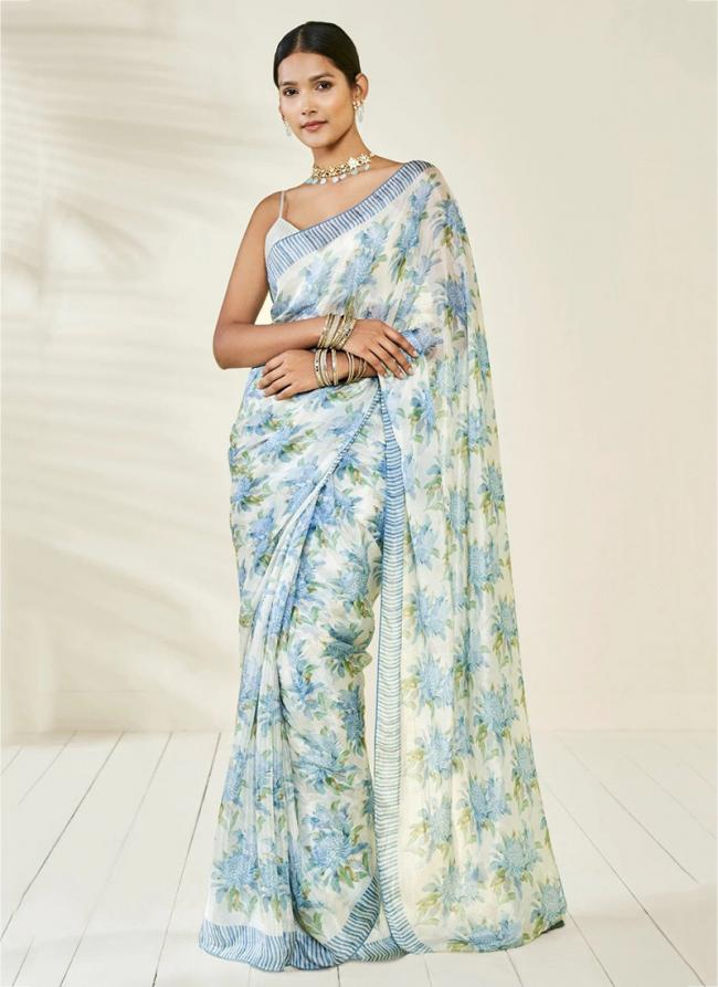 White Chinnon Party Wear Digital Printed Saree