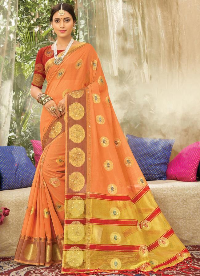 Peach Organza Traditional Wear Weaving Saree