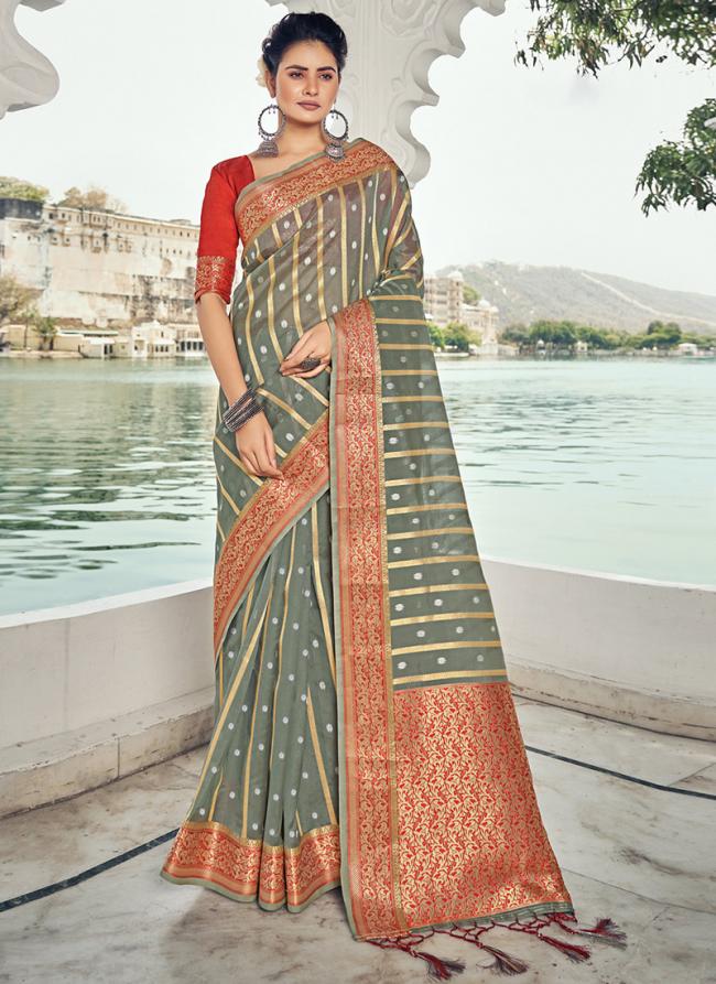 Grey Organza Festival Wear Weaving Saree