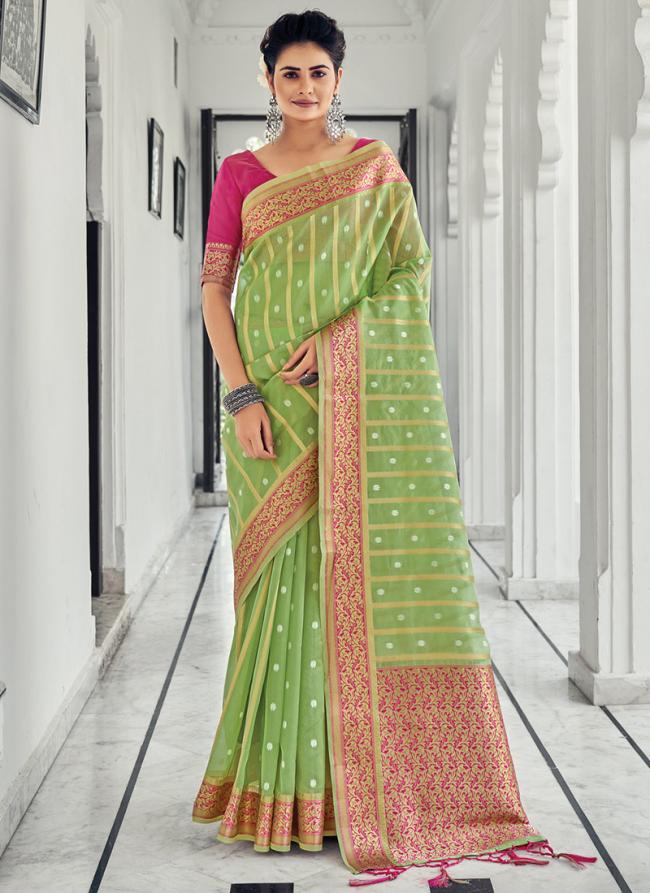 Light Green Organza Festival Wear Weaving Saree