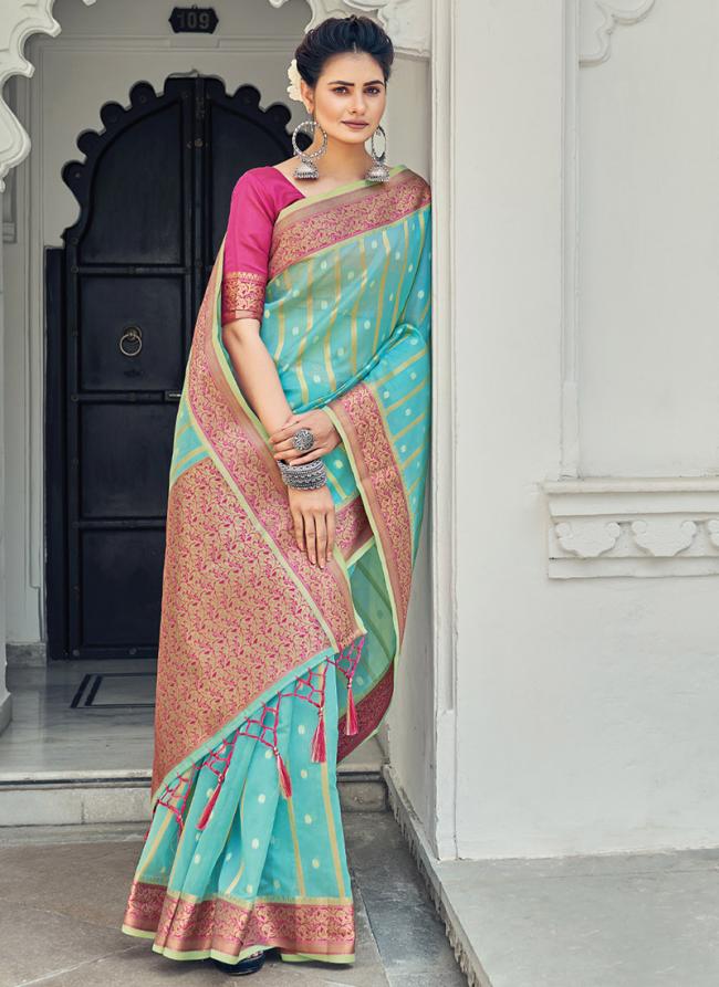 Sky Blue Organza Festival Wear Weaving Saree