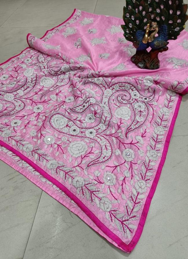 Light Pink Chanderi Silk Traditional Wear Embroidery Work Dupatta