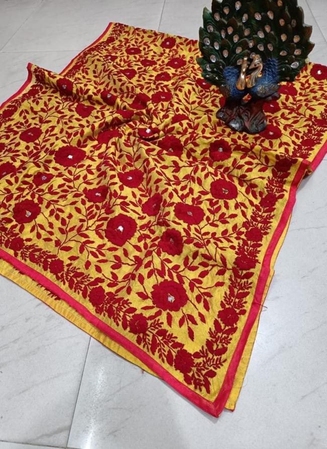 Red Chanderi Silk Traditional Wear Embroidery Work Dupatta