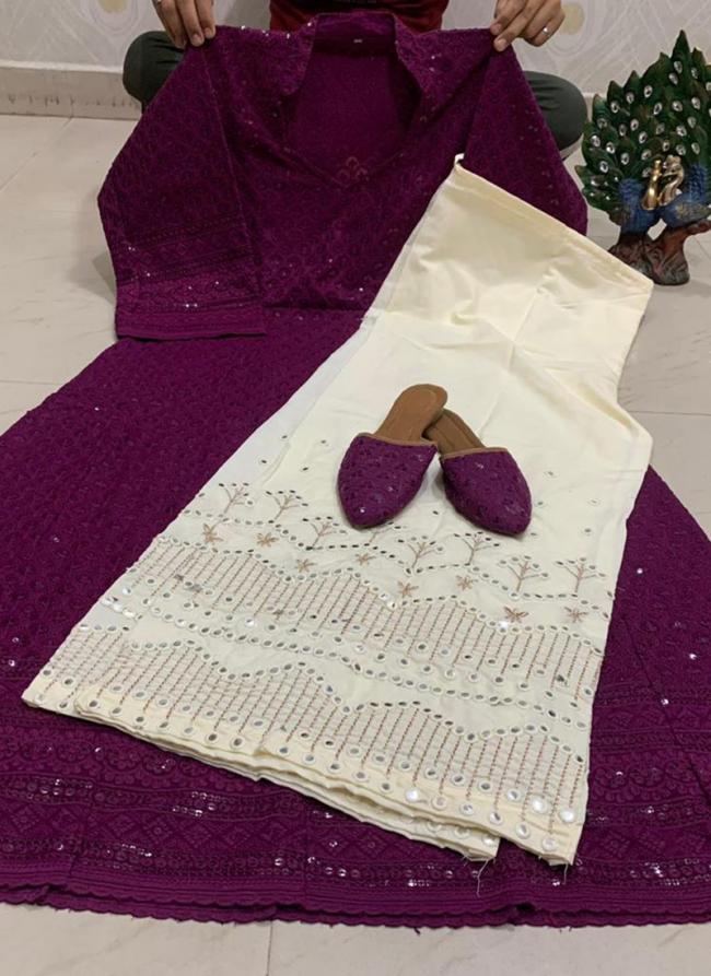 Wine Pure Cambric Cotton Traditional Wear Sequins Work Kurti With Sharara