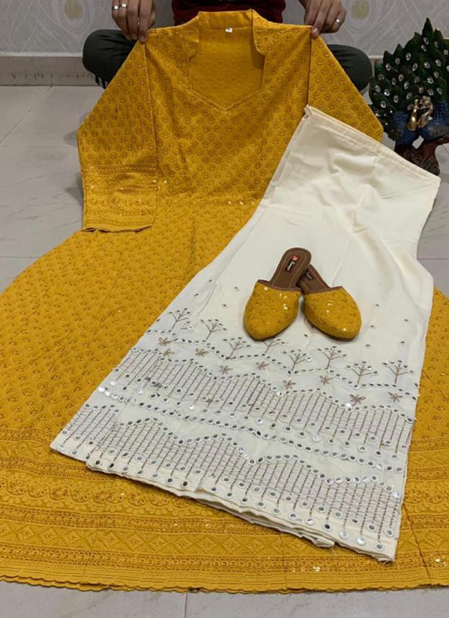 Yellow Pure Cambric Cotton Traditional Wear Sequins Work Kurti With Sharara