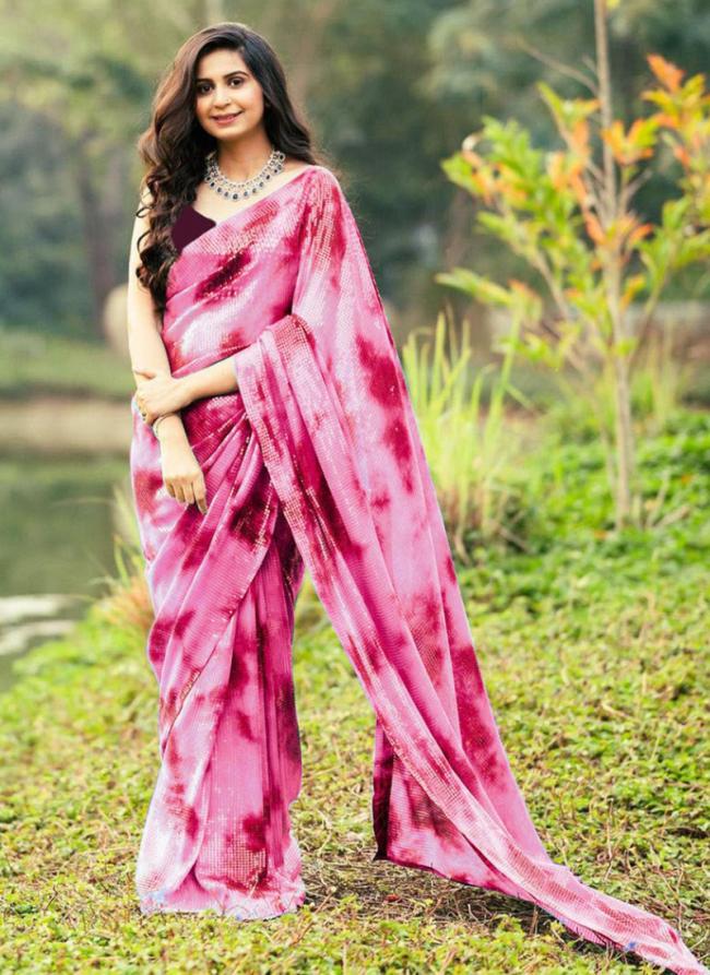 Pink Georgette Party Wear Printed Work Saree