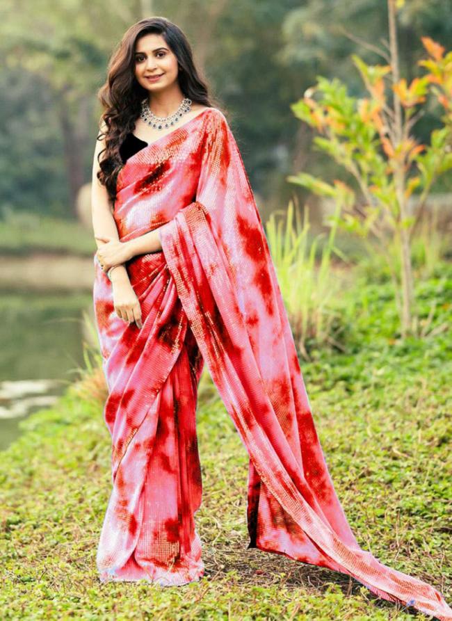 Red Georgette Party Wear Printed Work Saree