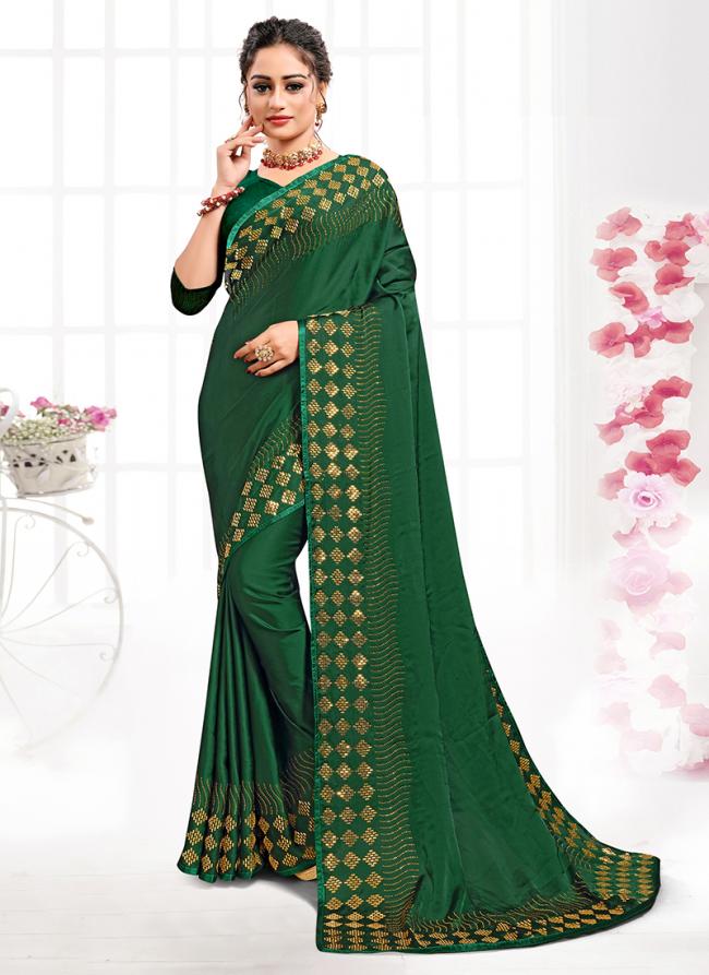 Bottle Green Pure Satin Party Wear Swarovski Work Saree