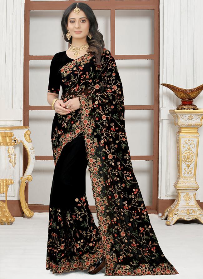 Black Georgette Traditional Wear Resham Work Saree