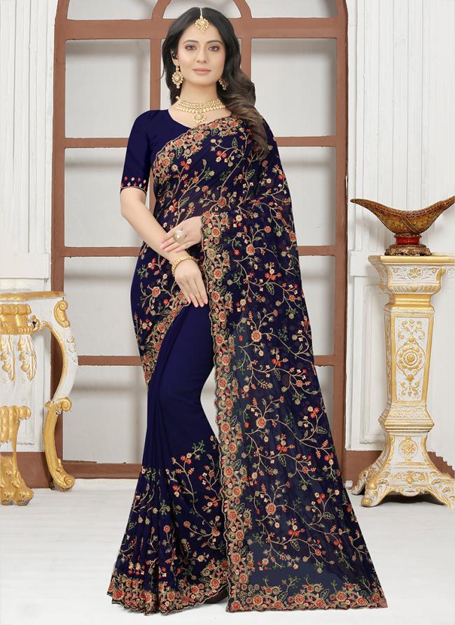 Navy Blue Georgette Traditional Wear Resham Work Saree