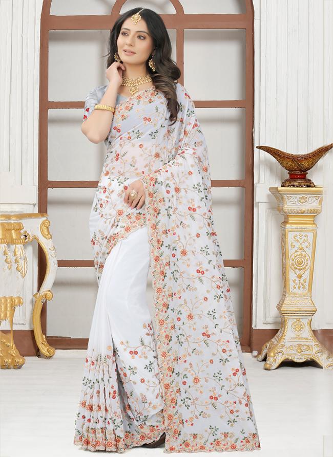 White Georgette Traditional Wear Resham Work Saree