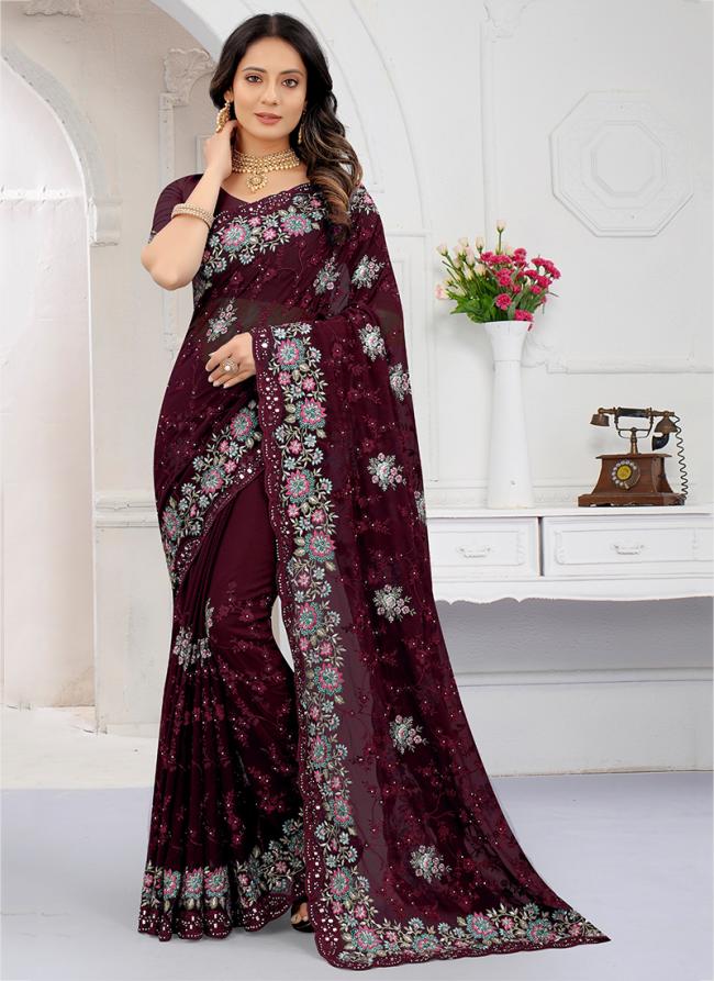 Maroon Georgette Festival Wear Resham Work Saree