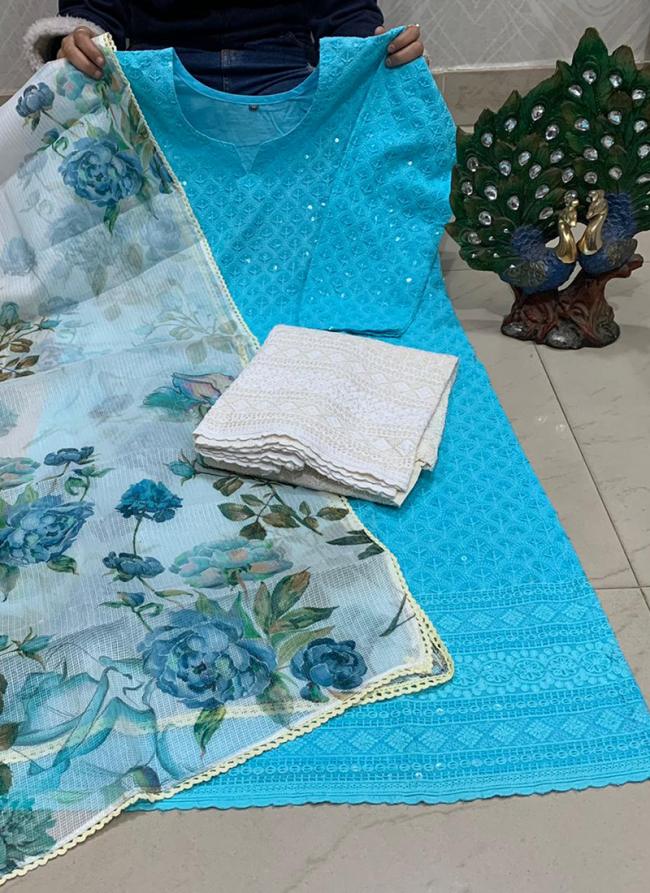 Sky Blue Pure Cambric Cotton Traditional Wear Sequins Work Readymade Salwar Suit