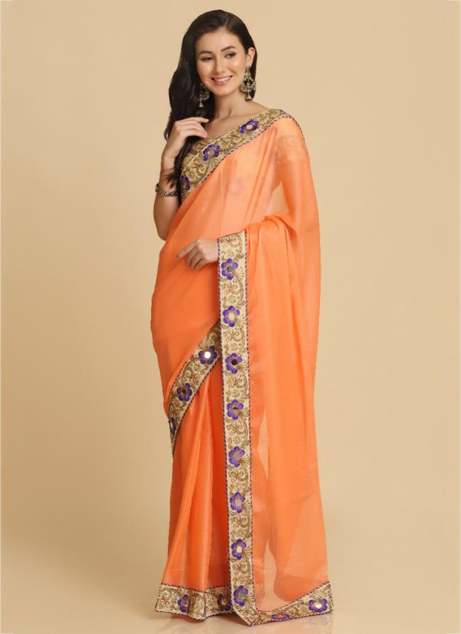 ORANGE Chiffon Party Wear Mirror Work Saree