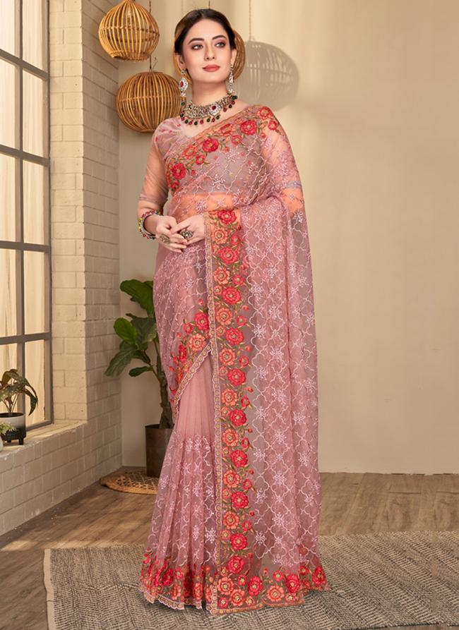 Lavender Net Party Wear Resham Work Saree